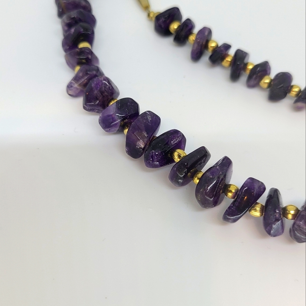 Purple Amethyst Rough Stone Necklace with Gold Accent